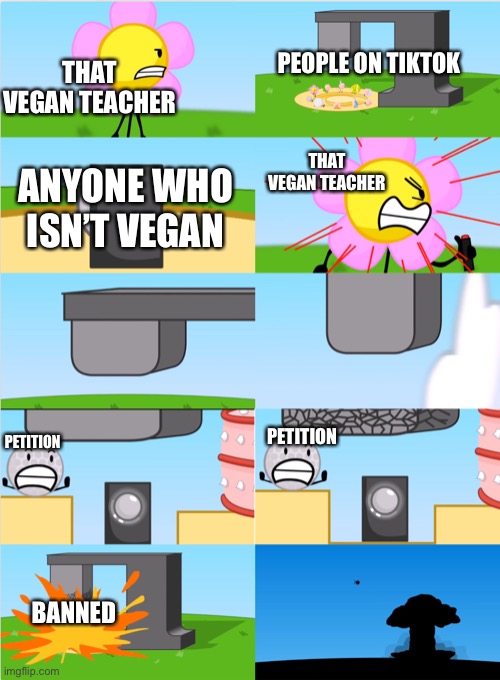 Hopefully this happens to her YouTube channel too | PEOPLE ON TIKTOK; THAT VEGAN TEACHER; THAT VEGAN TEACHER; ANYONE WHO ISN’T VEGAN; PETITION; PETITION; BANNED | image tagged in bfdi flower s announcer crusher | made w/ Imgflip meme maker