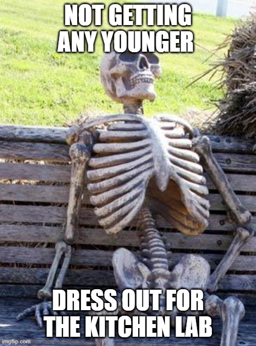 Waiting Skeleton Meme | NOT GETTING ANY YOUNGER; DRESS OUT FOR THE KITCHEN LAB | image tagged in memes,waiting skeleton | made w/ Imgflip meme maker