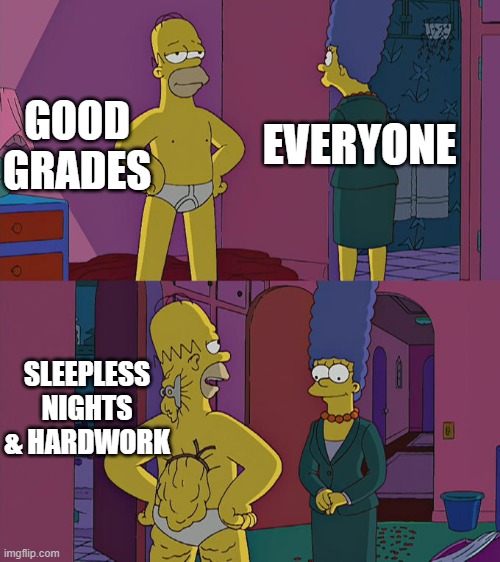 we only see the surface... | GOOD GRADES; EVERYONE; SLEEPLESS NIGHTS & HARDWORK | image tagged in homer simpson's back fat,memes,pain,relatable | made w/ Imgflip meme maker