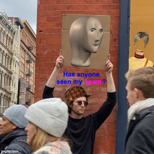 spam spam and spam | Has anyone seen my           ? spam | image tagged in memes,guy holding cardboard sign,meme man,karen,scumbag steve,spam | made w/ Imgflip meme maker