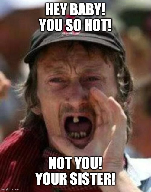 Toothless Alabama | HEY BABY! YOU SO HOT! NOT YOU! YOUR SISTER! | image tagged in toothless alabama | made w/ Imgflip meme maker