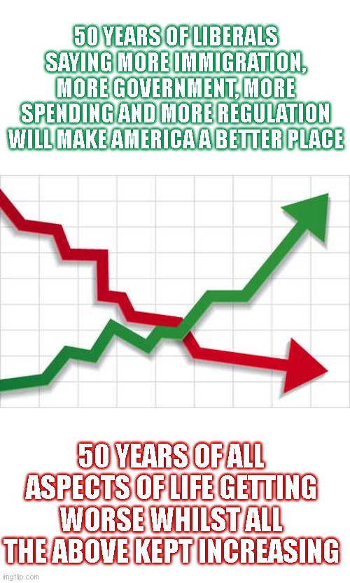 never in american history have we had more of these things..so wheres the utopia? at the bottom of the endless list of demands? | 50 YEARS OF LIBERALS SAYING MORE IMMIGRATION, MORE GOVERNMENT, MORE SPENDING AND MORE REGULATION WILL MAKE AMERICA A BETTER PLACE; 50 YEARS OF ALL ASPECTS OF LIFE GETTING WORSE WHILST ALL THE ABOVE KEPT INCREASING | image tagged in graph | made w/ Imgflip meme maker