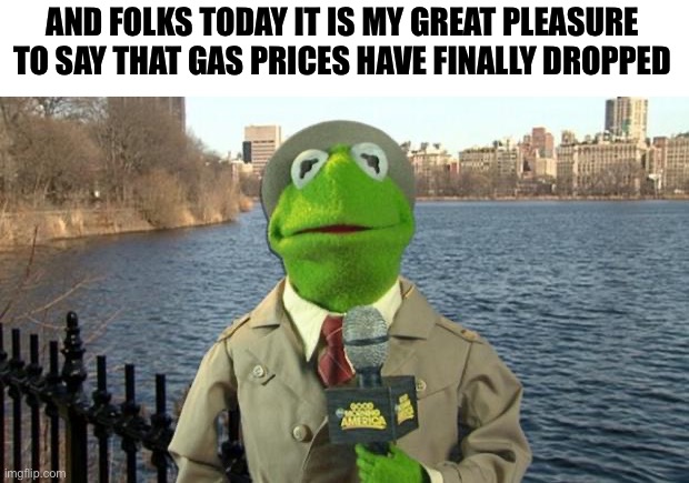 Kermit News Report |  AND FOLKS TODAY IT IS MY GREAT PLEASURE TO SAY THAT GAS PRICES HAVE FINALLY DROPPED | image tagged in kermit news report,gas prices,kermit,funny,news,finally | made w/ Imgflip meme maker