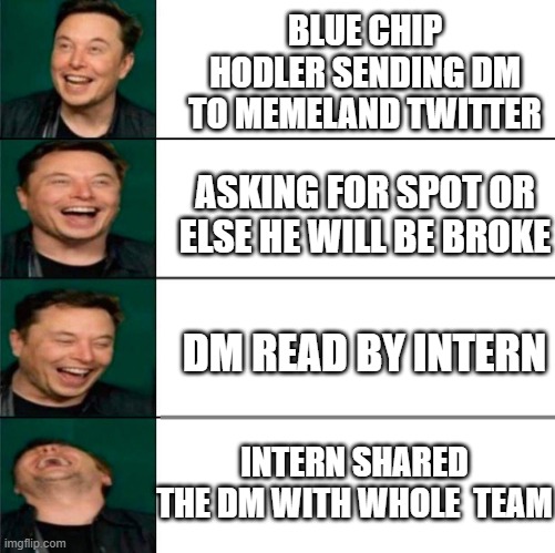  BLUE CHIP HODLER SENDING DM TO MEMELAND TWITTER; ASKING FOR SPOT OR ELSE HE WILL BE BROKE; DM READ BY INTERN; INTERN SHARED THE DM WITH WHOLE  TEAM | image tagged in elon musk laughing | made w/ Imgflip meme maker