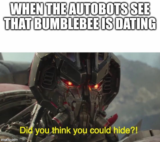 Did you think you could hide? | WHEN THE AUTOBOTS SEE THAT BUMBLEBEE IS DATING | image tagged in did you think you could hide | made w/ Imgflip meme maker