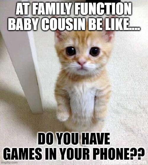 NO I DONT HAVE.... | AT FAMILY FUNCTION BABY COUSIN BE LIKE.... DO YOU HAVE GAMES IN YOUR PHONE?? | image tagged in memes,cute cat | made w/ Imgflip meme maker