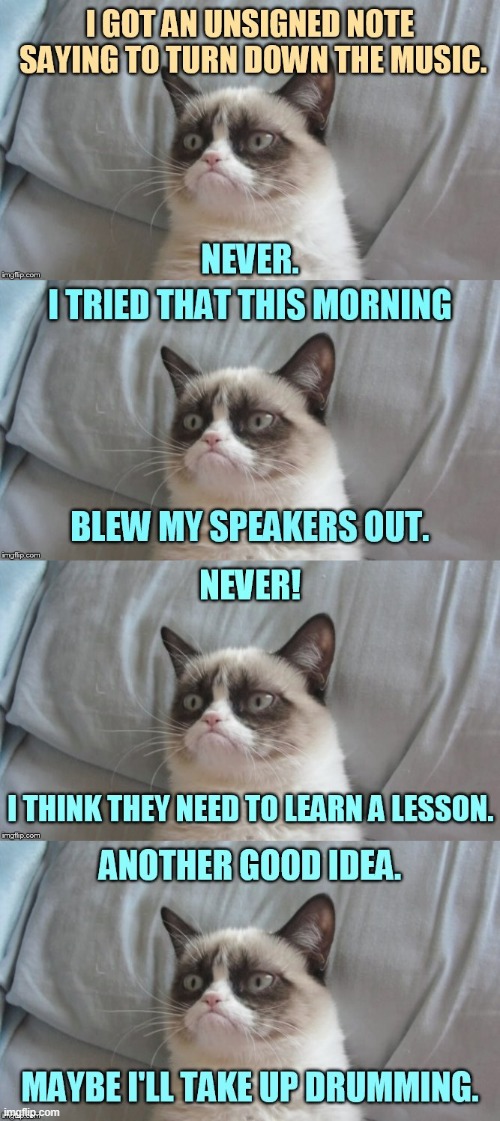 Ugh Neighbors... | image tagged in memes,grumpy cat,cats,turn down for what,never,drums | made w/ Imgflip meme maker