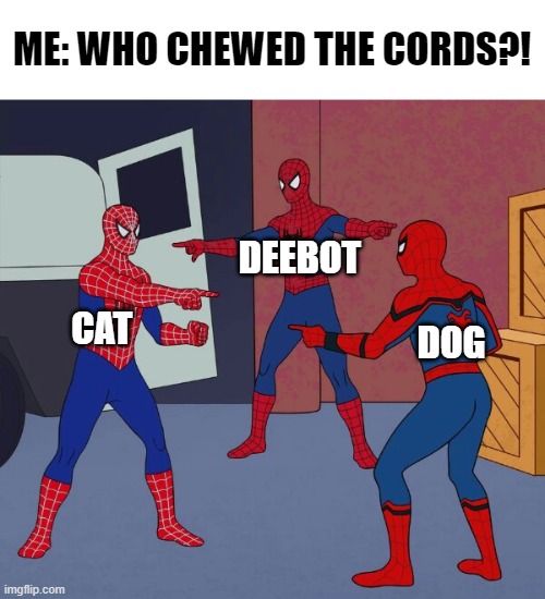 Who chewed the cords? | ME: WHO CHEWED THE CORDS?! DEEBOT; CAT; DOG | image tagged in spider man triple | made w/ Imgflip meme maker