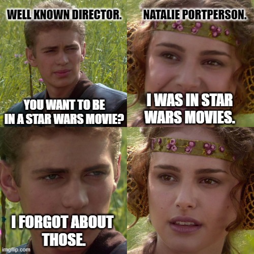 Taika vs.portMan | WELL KNOWN DIRECTOR. NATALIE PORTPERSON. YOU WANT TO BE IN A STAR WARS MOVIE? I WAS IN STAR WARS MOVIES. I FORGOT ABOUT 
THOSE. | image tagged in anakin padme 4 panel,star wars,star wars prequels,natalie potrperson,i forgot,bad movies | made w/ Imgflip meme maker