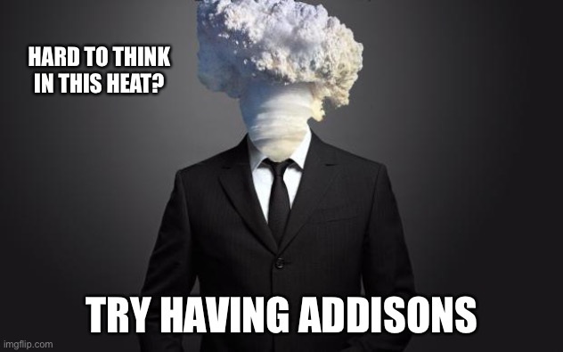 Addisons | HARD TO THINK IN THIS HEAT? TRY HAVING ADDISONS | image tagged in atomic blast head | made w/ Imgflip meme maker