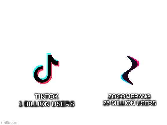 tiktok v zoomerang | TIKTOK

1 BILLION USERS; ZOOOMERANG

25 MILLION USERS | image tagged in blank white template | made w/ Imgflip meme maker