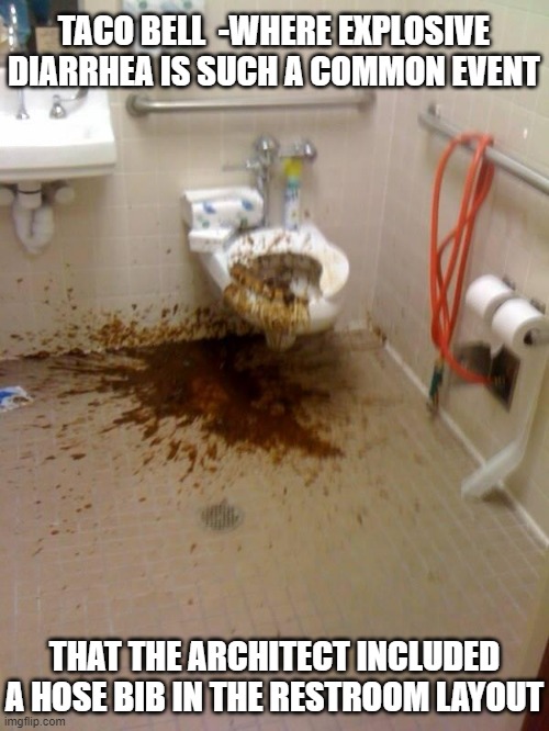 chalupa go brrr | TACO BELL  -WHERE EXPLOSIVE DIARRHEA IS SUCH A COMMON EVENT; THAT THE ARCHITECT INCLUDED A HOSE BIB IN THE RESTROOM LAYOUT | image tagged in girls poop too | made w/ Imgflip meme maker