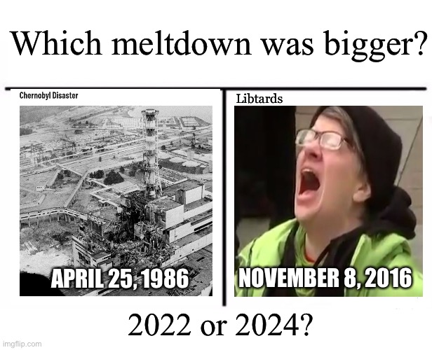 Who Would Win? | Which meltdown was bigger? Libtards; NOVEMBER 8, 2016; APRIL 25, 1986; 2022 or 2024? | image tagged in memes,who would win | made w/ Imgflip meme maker