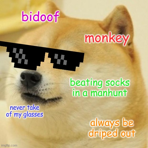 Doge Meme | bidoof; monkey; beating socks in a manhunt; never take of my glasses; always be driped out | image tagged in memes,doge | made w/ Imgflip meme maker