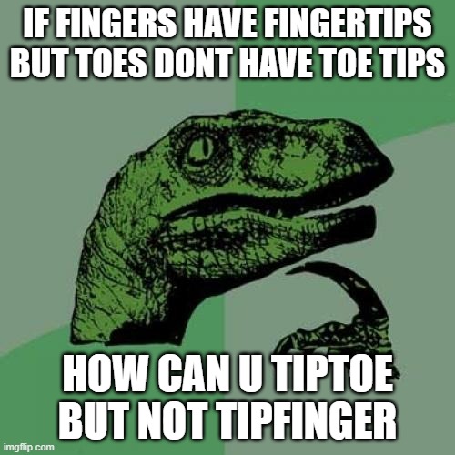 Philosoraptor | IF FINGERS HAVE FINGERTIPS
BUT TOES DONT HAVE TOE TIPS; HOW CAN U TIPTOE BUT NOT TIPFINGER | image tagged in memes,philosoraptor | made w/ Imgflip meme maker