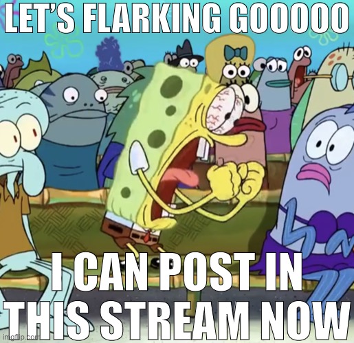 Spongebob Yelling | LET’S FLARKING GOOOOO; I CAN POST IN THIS STREAM NOW | image tagged in spongebob yelling | made w/ Imgflip meme maker