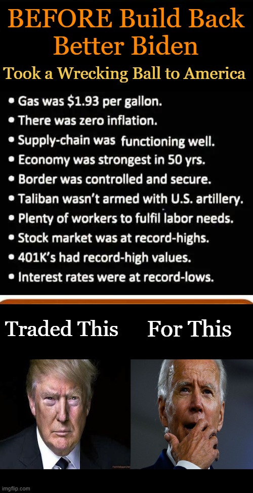 Stolen Elections Have Consequences | BEFORE Build Back 
Better Biden; Took a Wrecking Ball to America; Traded This; For This | image tagged in political meme,donald trump,joe biden,america first,america last,patriot vs puppet | made w/ Imgflip meme maker