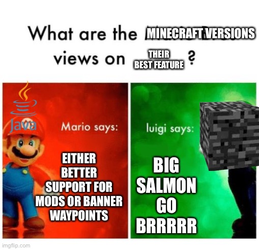 Big salmon supremacy | MINECRAFT VERSIONS; THEIR BEST FEATURE; EITHER BETTER SUPPORT FOR MODS OR BANNER WAYPOINTS; BIG SALMON GO BRRRRR | image tagged in mario says luigi says | made w/ Imgflip meme maker