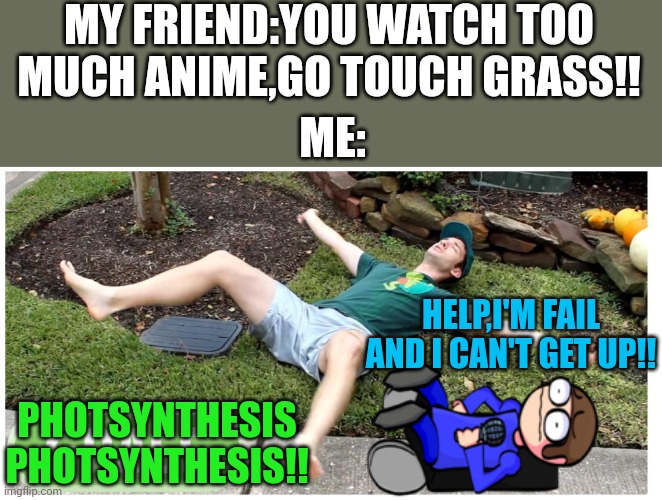 HELP I AM FAILEN ,AND I CAN'T GET UP | MY FRIEND:YOU WATCH TOO MUCH ANIME,GO TOUCH GRASS!! ME:; HELP,I'M FAIL AND I CAN'T GET UP!! PHOTSYNTHESIS PHOTSYNTHESIS!! | image tagged in photosynthesis,dave,pokemon,pokemon memes,anime meme | made w/ Imgflip meme maker