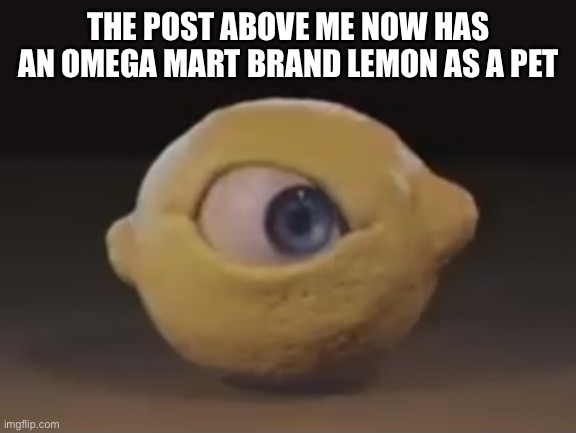 Omega Mart Lemon | THE POST ABOVE ME NOW HAS AN OMEGA MART BRAND LEMON AS A PET | image tagged in omega mart lemon | made w/ Imgflip meme maker