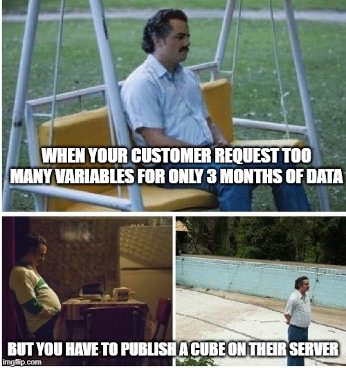 Narcos waiting | WHEN YOUR CUSTOMER REQUEST TOO MANY VARIABLES FOR ONLY 3 MONTHS OF DATA; BUT YOU HAVE TO PUBLISH A CUBE ON THEIR SERVER | image tagged in narcos waiting | made w/ Imgflip meme maker