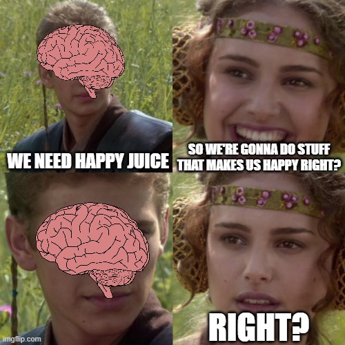 brain vs happy juice | SO WE'RE GONNA DO STUFF THAT MAKES US HAPPY RIGHT? WE NEED HAPPY JUICE; RIGHT? | image tagged in for the better right blank,brain,happy juice | made w/ Imgflip meme maker