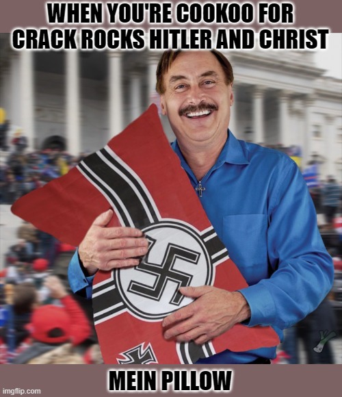 WHEN YOU'RE COOKOO FOR CRACK ROCKS HITLER AND CHRIST; MEIN PILLOW | image tagged in politics,mike lindell,funny memes | made w/ Imgflip meme maker