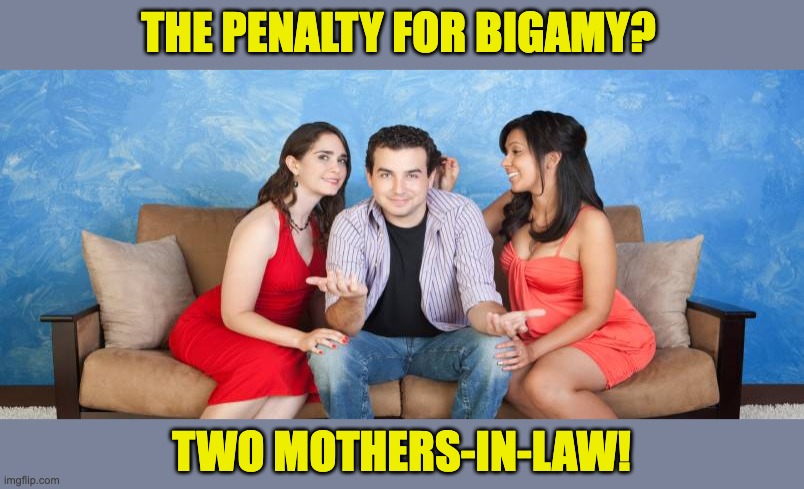 Biga-mistake | THE PENALTY FOR BIGAMY? TWO MOTHERS-IN-LAW! | image tagged in marriage | made w/ Imgflip meme maker