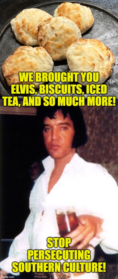 Cultural Persecution |  WE BROUGHT YOU ELVIS, BISCUITS, ICED TEA, AND SO MUCH MORE! STOP PERSECUTING SOUTHERN CULTURE! | image tagged in southern pride | made w/ Imgflip meme maker