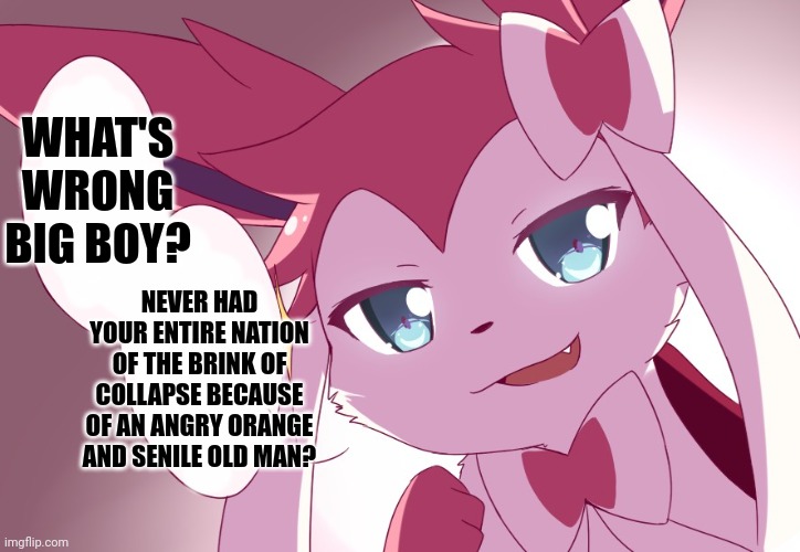 Sylveon | WHAT'S WRONG BIG BOY? NEVER HAD YOUR ENTIRE NATION OF THE BRINK OF COLLAPSE BECAUSE OF AN ANGRY ORANGE AND SENILE OLD MAN? | image tagged in sylveon | made w/ Imgflip meme maker