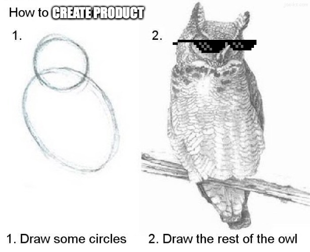 just start |  CREATE PRODUCT | image tagged in draw an owl,product,start today | made w/ Imgflip meme maker