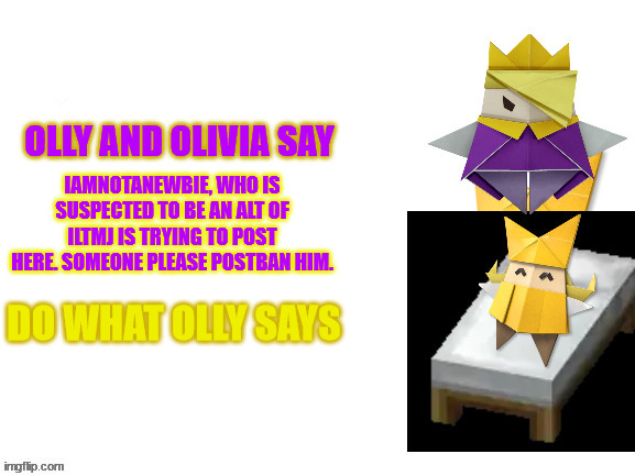 Olly and Olivia Say | IAMNOTANEWBIE, WHO IS SUSPECTED TO BE AN ALT OF ILTMJ IS TRYING TO POST HERE. SOMEONE PLEASE POSTBAN HIM. DO WHAT OLLY SAYS | image tagged in olly and olivia say | made w/ Imgflip meme maker