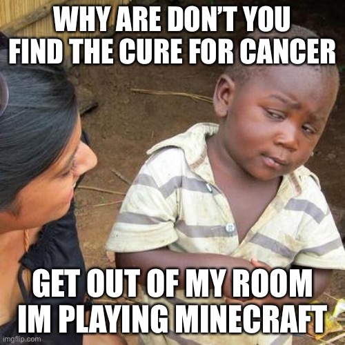 GET OUT IF MY ROOM IM PLAYING MINECRAFT | WHY ARE DON’T YOU FIND THE CURE FOR CANCER; GET OUT OF MY ROOM IM PLAYING MINECRAFT | image tagged in memes,third world skeptical kid | made w/ Imgflip meme maker