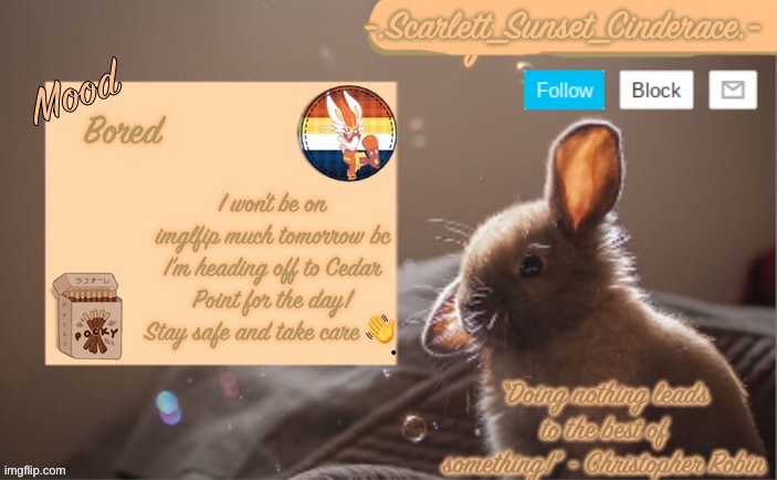 SussyBotw_Cinderace’s bunny announcement temp | -.Scarlett_Sunset_Cinderace.-; Bored; I won’t be on imglfip much tomorrow bc I’m heading off to Cedar Point for the day! Stay safe and take care 👋 | image tagged in sussybotw_cinderace s bunny announcement temp | made w/ Imgflip meme maker