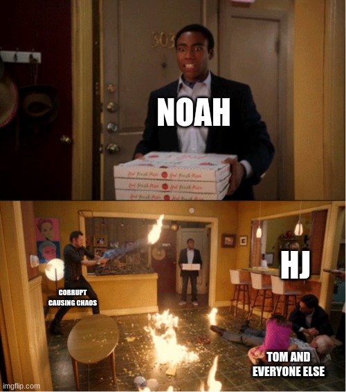 CHAOS | NOAH; HJ; CORRUPT CAUSING CHAOS; TOM AND EVERYONE ELSE | image tagged in community fire pizza meme | made w/ Imgflip meme maker