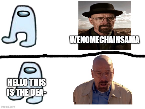 he better call saul | WENOMECHAINSAMA; HELLO THIS IS THE DEA- | image tagged in blank white template,amogus,walter white | made w/ Imgflip meme maker