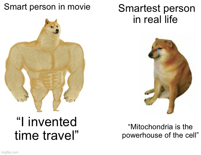Smort | Smart person in movie; Smartest person in real life; “I invented time travel”; “Mitochondria is the powerhouse of the cell” | image tagged in memes,buff doge vs cheems | made w/ Imgflip meme maker