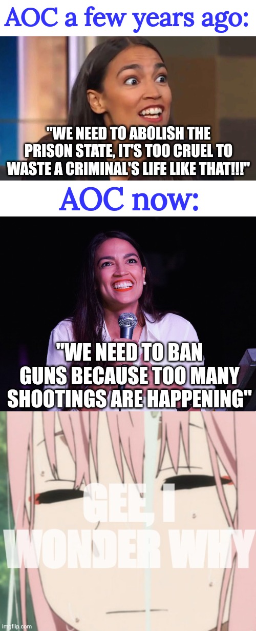 Let ppl off jail sentences left and right, and ofc unacceptable crime rates skyrocket. Stop blaming the right for your own idiot | AOC a few years ago:; "WE NEED TO ABOLISH THE PRISON STATE, IT'S TOO CRUEL TO WASTE A CRIMINAL'S LIFE LIKE THAT!!!"; AOC now:; "WE NEED TO BAN GUNS BECAUSE TOO MANY SHOOTINGS ARE HAPPENING" | image tagged in crazy aoc,gee i wonder why,gun control,crime,prison,politics | made w/ Imgflip meme maker
