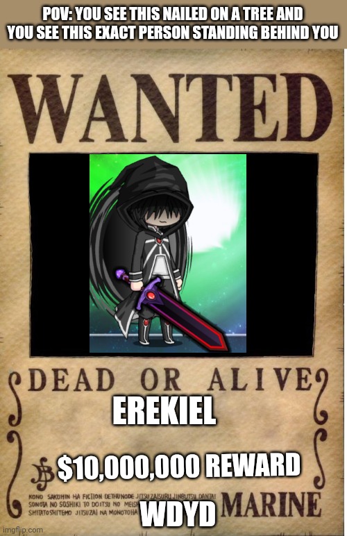 One piece wanted poster template | POV: YOU SEE THIS NAILED ON A TREE AND YOU SEE THIS EXACT PERSON STANDING BEHIND YOU; EREKIEL; $10,000,000 REWARD; WDYD | image tagged in one piece wanted poster template | made w/ Imgflip meme maker