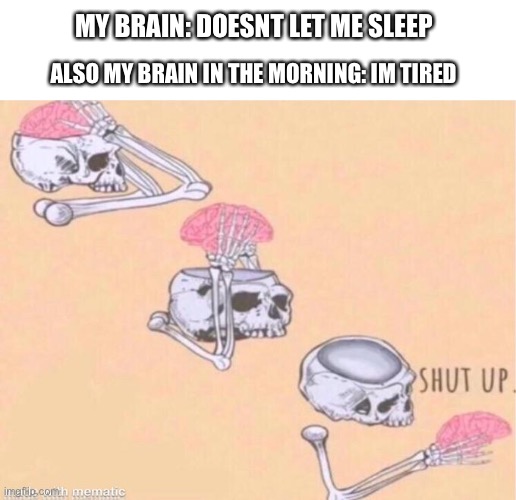 I swear to god it’s so annoying | MY BRAIN: DOESNT LET ME SLEEP; ALSO MY BRAIN IN THE MORNING: IM TIRED | image tagged in skeleton shut up meme | made w/ Imgflip meme maker