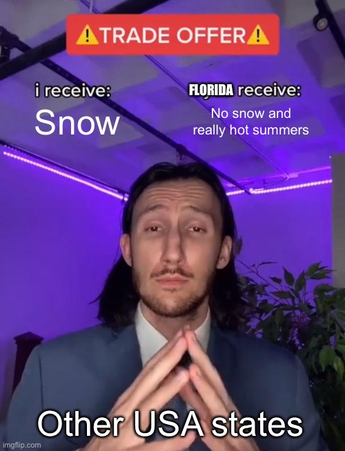 I wish I lived in an another state where is snows instead of Florida | FLORIDA; Snow; No snow and really hot summers; Other USA states | image tagged in trade offer,snow | made w/ Imgflip meme maker