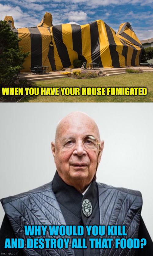 Seems legit | WHEN YOU HAVE YOUR HOUSE FUMIGATED; WHY WOULD YOU KILL AND DESTROY ALL THAT FOOD? | image tagged in klaus schwab | made w/ Imgflip meme maker