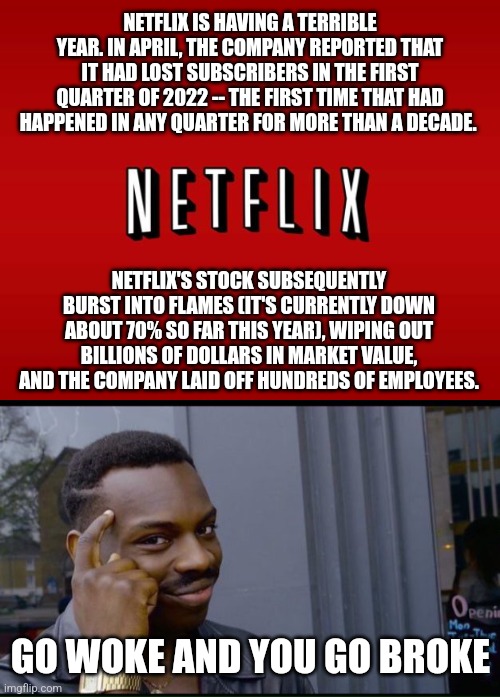 NETFLIX IS HAVING A TERRIBLE YEAR. IN APRIL, THE COMPANY REPORTED THAT IT HAD LOST SUBSCRIBERS IN THE FIRST QUARTER OF 2022 -- THE FIRST TIME THAT HAD HAPPENED IN ANY QUARTER FOR MORE THAN A DECADE. ; NETFLIX'S STOCK SUBSEQUENTLY BURST INTO FLAMES (IT'S CURRENTLY DOWN ABOUT 70% SO FAR THIS YEAR), WIPING OUT BILLIONS OF DOLLARS IN MARKET VALUE, AND THE COMPANY LAID OFF HUNDREDS OF EMPLOYEES. GO WOKE AND YOU GO BROKE | image tagged in scumbag netflix,common sense | made w/ Imgflip meme maker