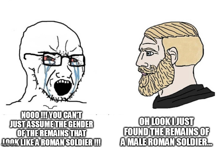 Soyboy Vs Yes Chad |  OH LOOK I JUST FOUND THE REMAINS OF A MALE ROMAN SOLDIER... NOOO !!! YOU CAN'T JUST ASSUME THE GENDER OF THE REMAINS THAT LOOK LIKE A ROMAN SOLDIER !!! | image tagged in soyboy vs yes chad | made w/ Imgflip meme maker