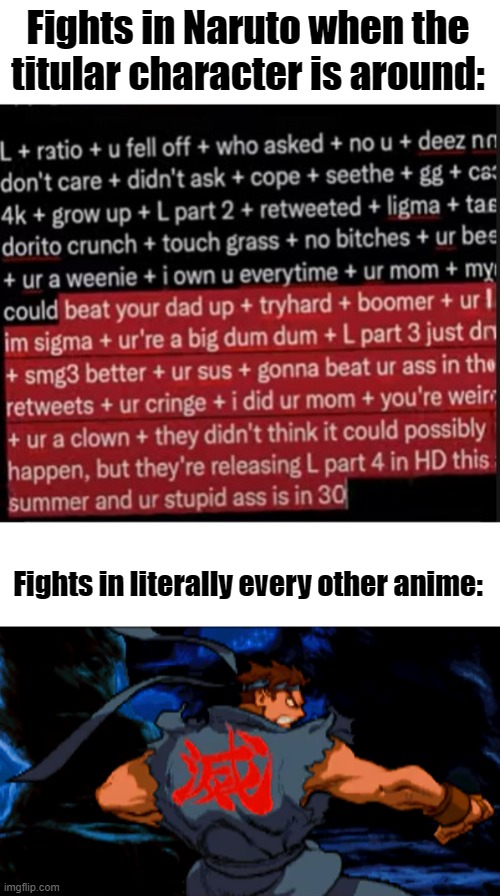 Fights in Naruto when the titular character is around: Fights in literally every other anime: | made w/ Imgflip meme maker