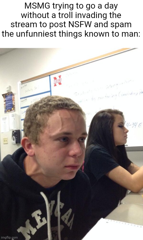 We're used to it though. | MSMG trying to go a day without a troll invading the stream to post NSFW and spam the unfunniest things known to man: | image tagged in hold fart | made w/ Imgflip meme maker