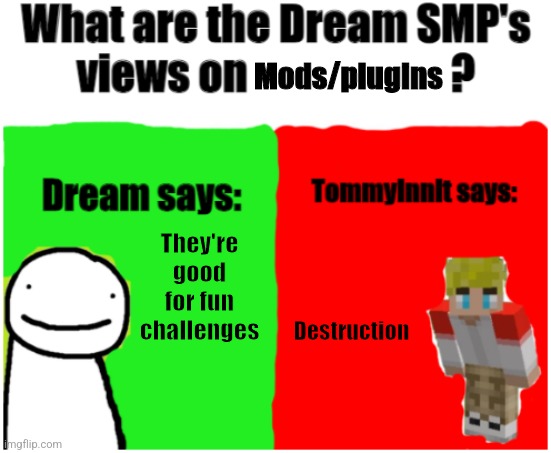 Dream SMP Views | Mods/plugins; They're good for fun challenges; Destruction | image tagged in dream smp views,mods,tommyinnit,dream,dream smp | made w/ Imgflip meme maker