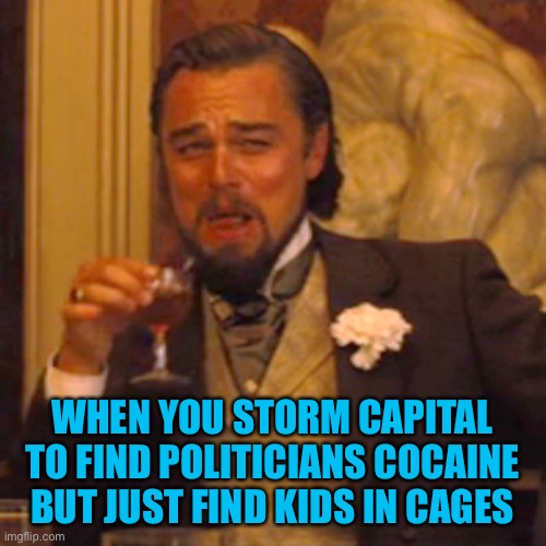 *Tosses a brick throws a window | WHEN YOU STORM CAPITAL TO FIND POLITICIANS COCAINE BUT JUST FIND KIDS IN CAGES | image tagged in memes,laughing leo | made w/ Imgflip meme maker