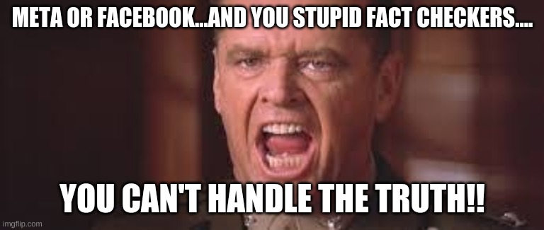 Facebook can't handle the Truth... |  META OR FACEBOOK...AND YOU STUPID FACT CHECKERS.... YOU CAN'T HANDLE THE TRUTH!! | image tagged in you can't handle the truth,facebook,meta,fact checkers | made w/ Imgflip meme maker