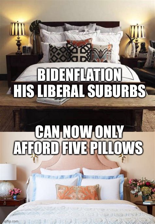 Bidenflation hits liberal suburbs | BIDENFLATION HIS LIBERAL SUBURBS; CAN NOW ONLY AFFORD FIVE PILLOWS | image tagged in biden,inflation,democrats,liberals | made w/ Imgflip meme maker